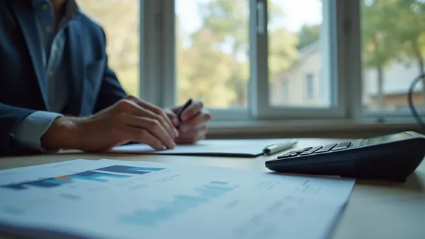 Conseiller annotant un dossier de financement, calculatrice et graphiques sur le bureau