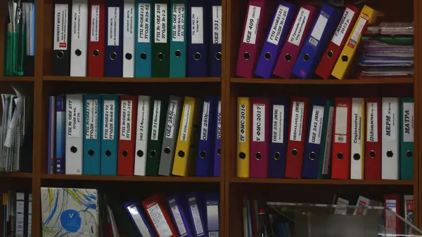 Classeurs de couleur rangés sur des étagères